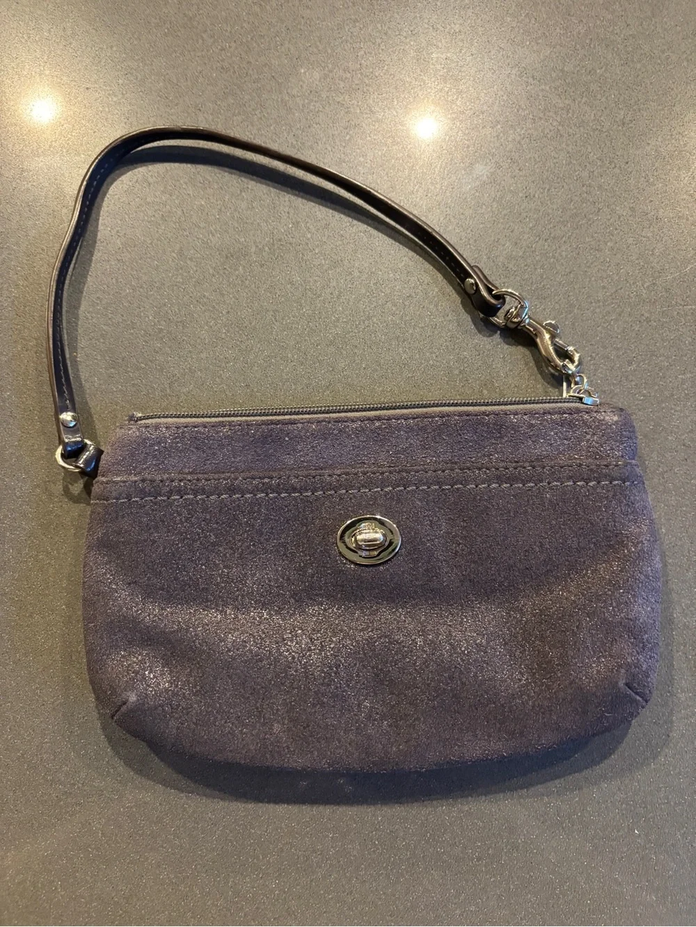 Coach Designer navy Black metallic Suede Wristlet htf